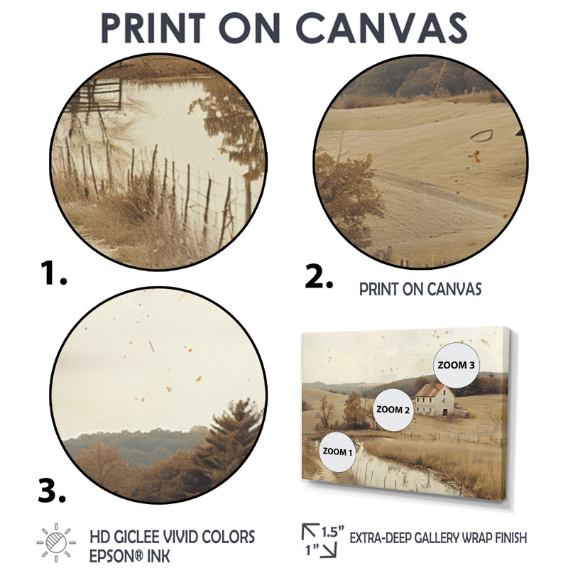 Paysage de ferme brun américain II - ferme, art mural, H 40 po x l 60 po x P 1,5 po, Toile tendue