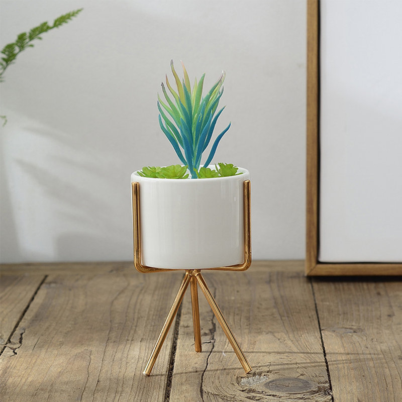 Abdulbaki Ceramic Cylindrical Free Standing Planter with Metal Stand, Black, 13.5cm H x 8cm W x 8cm D