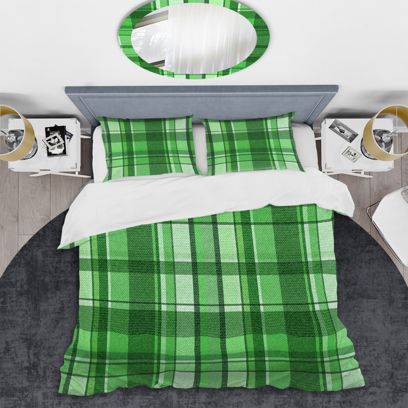 Green Checked Tartan - Abstract Duvet Cover Set - Microfiber Polyester, King Duvet Cover + 2 King Shams