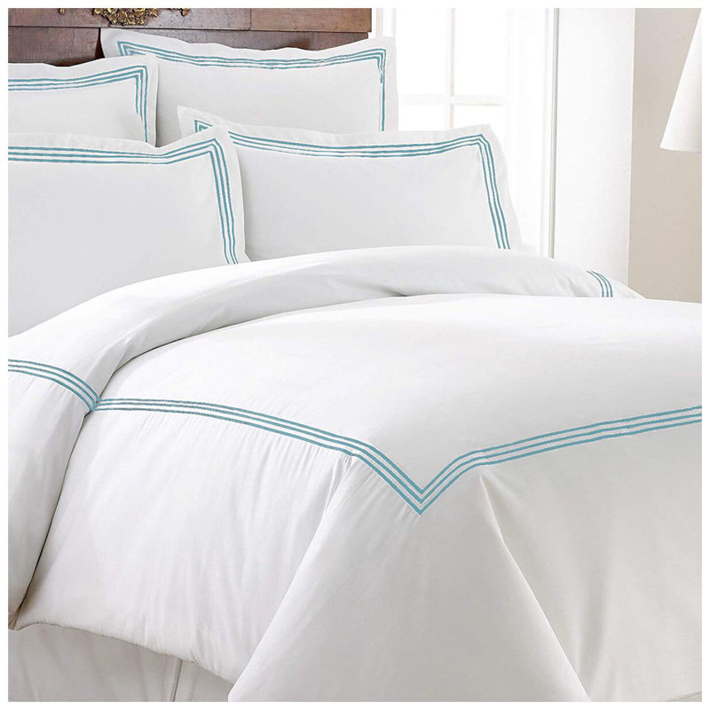 400TC Cotton Triple Embroidery Sateen Solid Duvet Cover Set, White/Light Blue, Full/Queen Duvet Cover