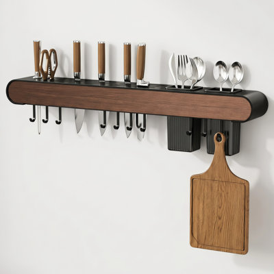 Wall-Mounted, No-Drilling Required Stainless Steel Kitchen Knife Rack with Double Chopstick Holders and Storage Shelves