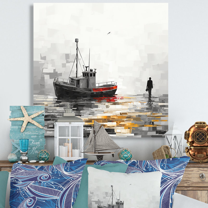 Bateau gris I, bateau côtier, art mural, Toile tendue, 36" H x 36" W