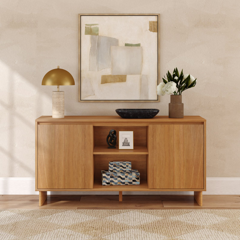 Modern TV Stand/Sideboard, 2 Door with Middle Shelf  (59 x 16 x 30in), Pecan, 30"H x 59"L x 16"W, Pecan