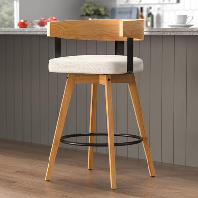 Levick 29'' Counter Modern Upholstered Swivel Bar Stools With Curved Wood Backrest & Solid Wood Frame -Linen Beige(Set Of 1)