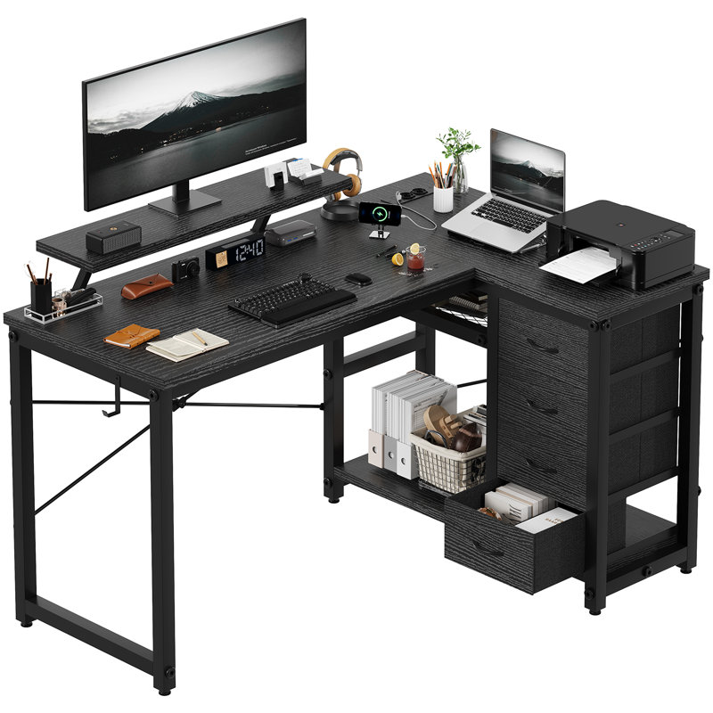 L-Shaped Metal Base Computer Desk, Black