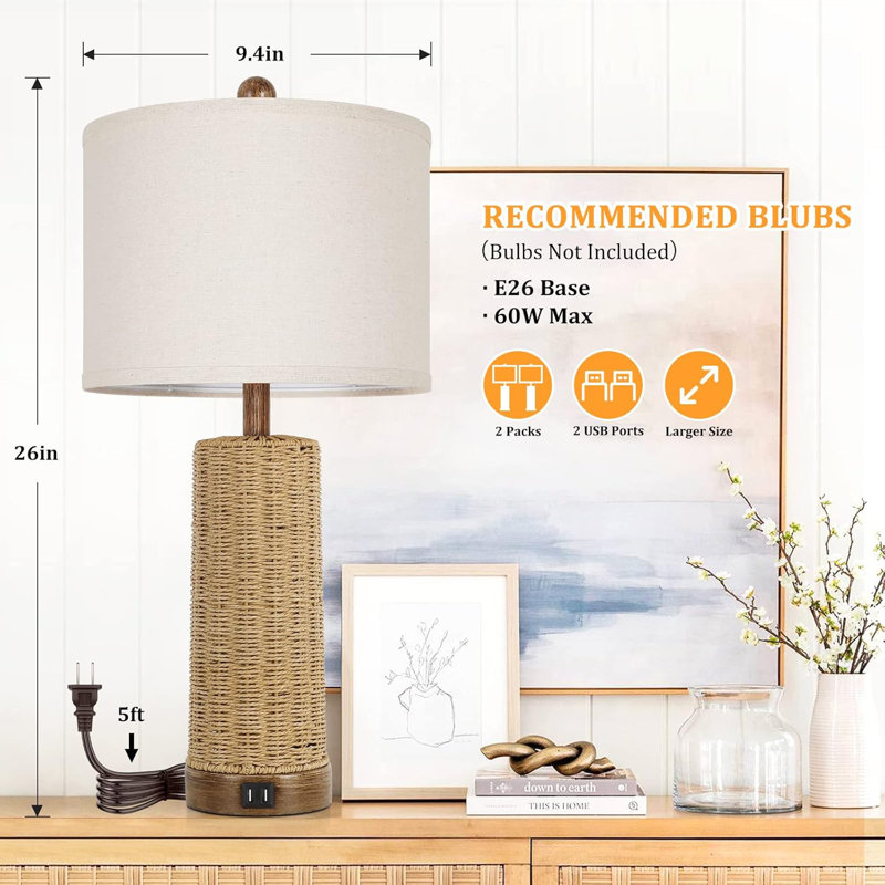 Ensemble de 2 lampes de table 26 "avec 2 ports USB et table de chevet en rotin pour salon
