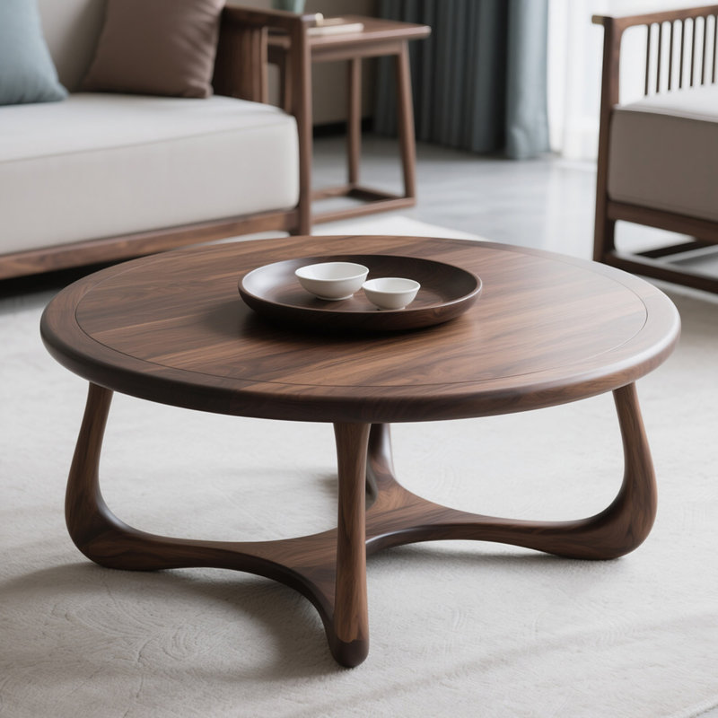 Table basse ronde de style chinois brun, 17.7" H x 39.4" W x 39.4" D