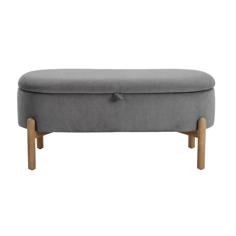 Banc de rangement à plateau relevable, banc rembourré en velours côtelé avec pieds en bois gris + contreplaqué + style Mid-Century moderne