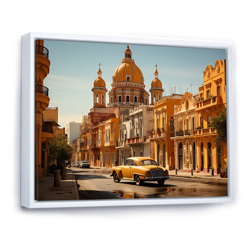 Architecture coloniale jaune de Cuba I, H 24 po x l 32 po x P 1 po, Cadre flottant blanc