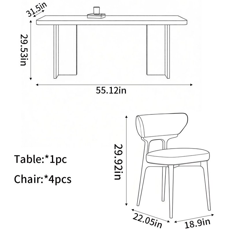 Ensembles de table à manger de style moderne, 5 Pieces: Table, 4 Chairs, 29.53" H x 55.12" W x 31.5" D