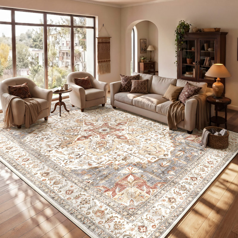    Tapis floral délavé Adona, Beige; orange, Rectangle de 10 pi x 14 pi