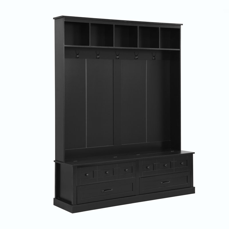 3-In-1 Hall Tree 59" Wide With 5 Hooks And Bench And Drawers, Muti-Functional Entryway Coat Rack, Modern Tall Storage Bench With Handles