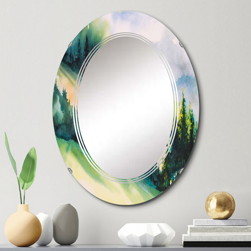 Vert paysage d'été avec montagnes - miroir mural ovale, 30 po x 20 po