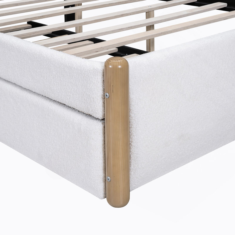 Lit plateforme tapissier avec pieds de support en bois et lit gigogne simple, Blanc, Très grand simple