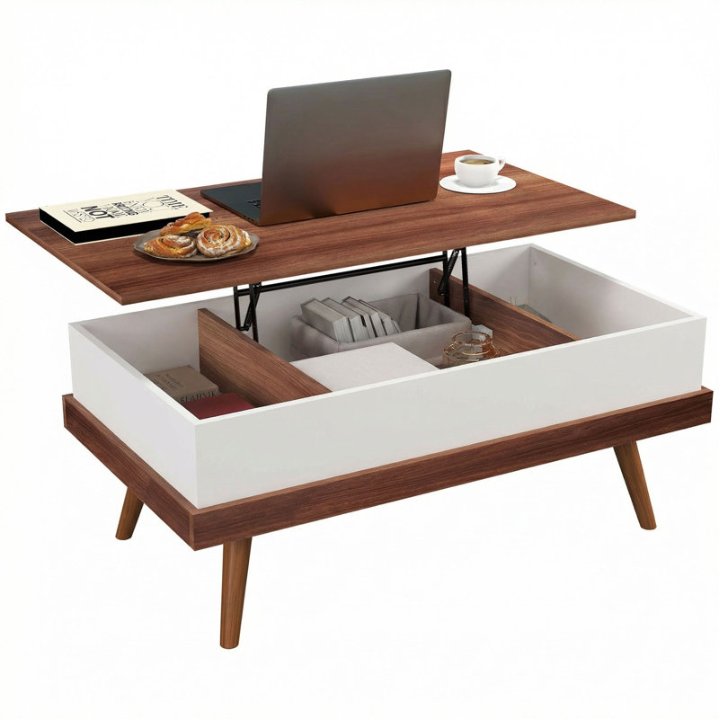 Khaleia Lift Top Coffee Table with Hidden Compartments and Wood Legs, Walnut