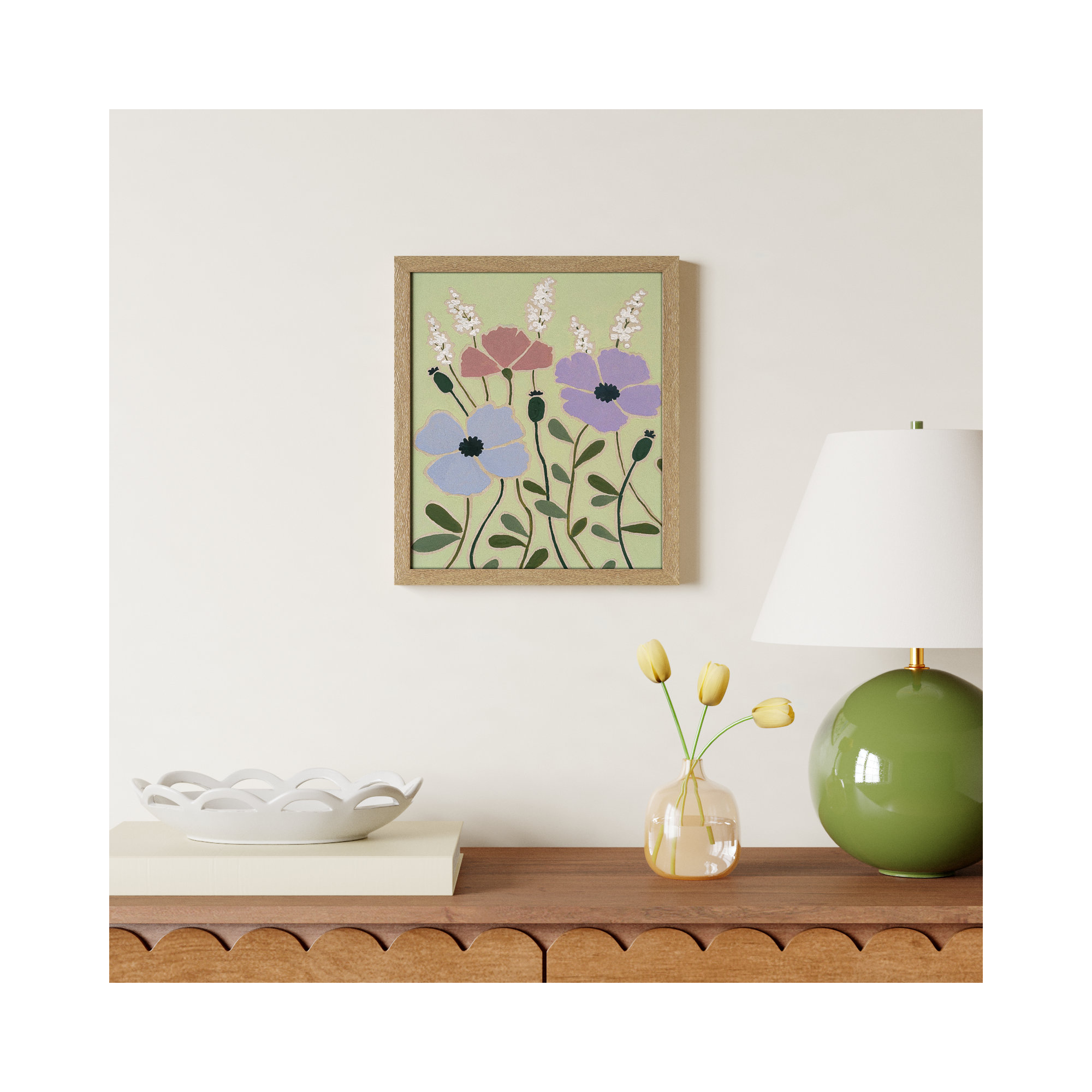 Woodblock Floral III by - Single Picture Frame Print, 15" H x 13" W x 1.25" D, Natural Framed