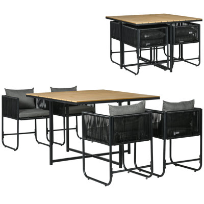 Square Solid Wood and Steel Patio Dining Set with Cushions included