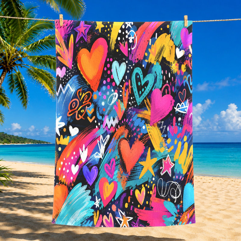 1 serviette de plage à cœur vibrant en microfibre de style graffiti artistique pour la piscine, les voyages et les activités de plein air