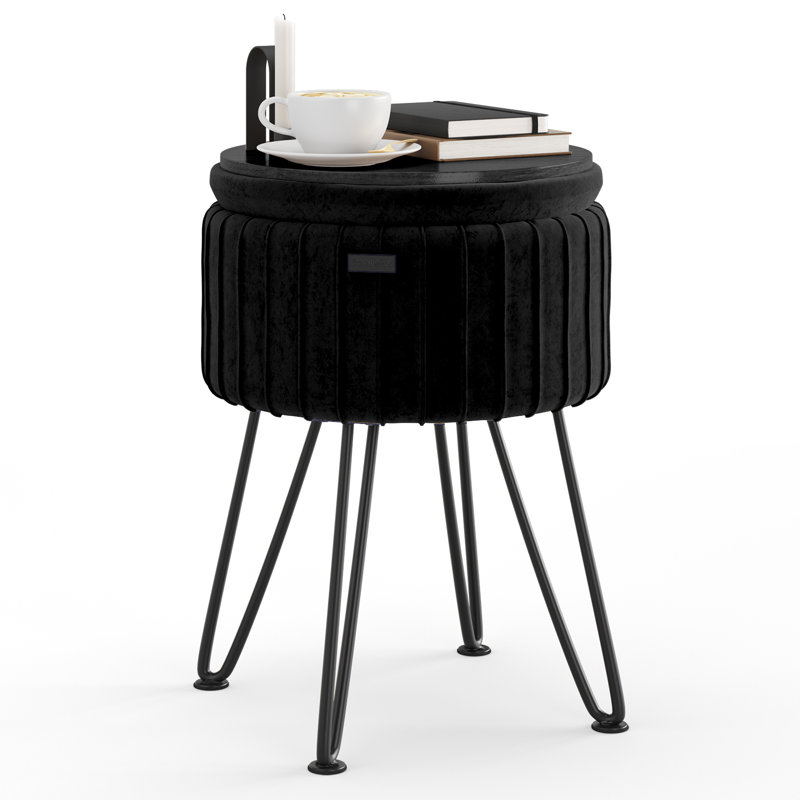 Repose-pieds rond en velours plissé avec rangement, Noir, noir, noir, noir, Noir, noir, noir, noir
