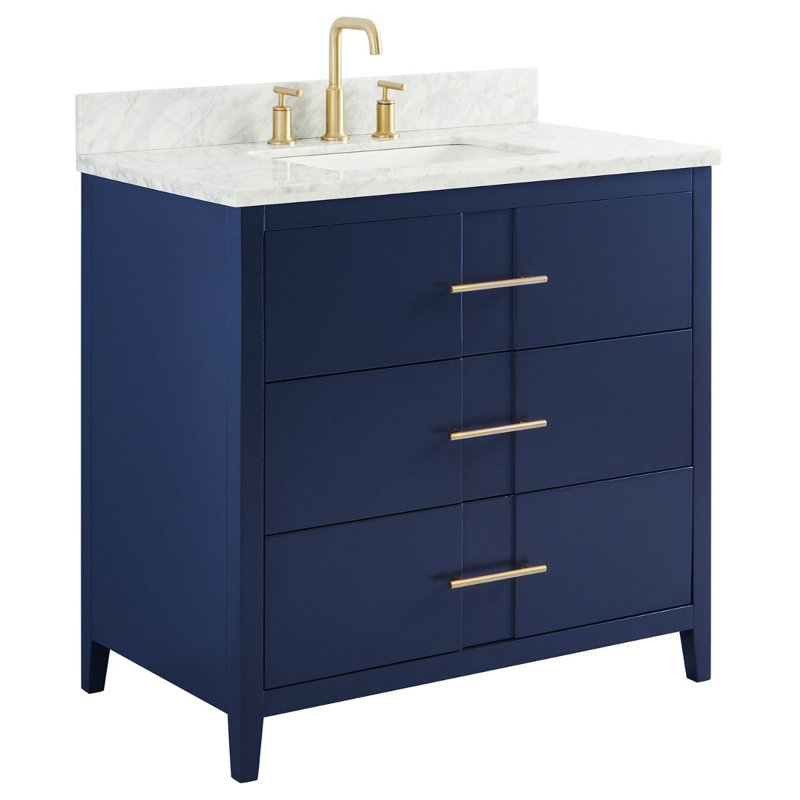 Marlesa 36'' Single Bathroom Vanity with Carrara Marble Top, Navy