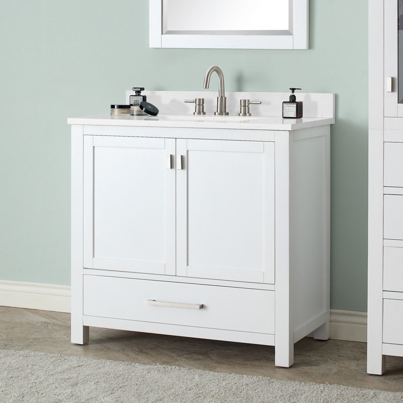 Modero 36" Single Bathroom Vanity with Top, White, Cala White Marble, Brushed Nickel
