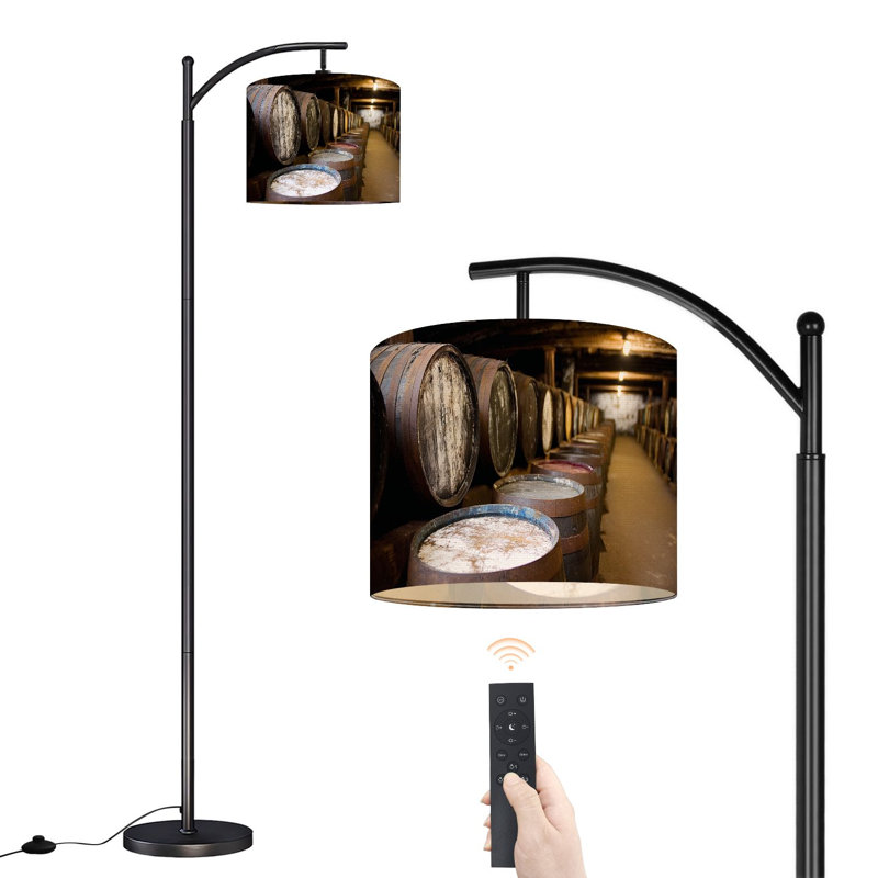Lampe sur pied à arc avec abat-jour réglable Lampe sur pied en tonneau de whisky en bois 3 températures de couleur Lampe à mât haut avec interrupteur au pied pour la chambre à coucher
