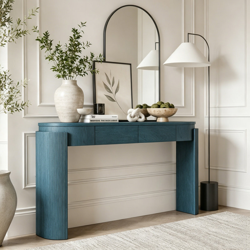 Table d'entrée avec finition grain de bois naturel et pieds cannelés, Navy