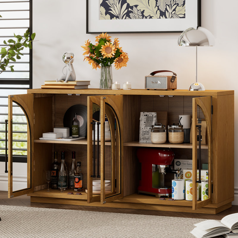 Grand buffet rétro à 4 portes avec portes en verre et design arqué, finition naturelle, Naturel