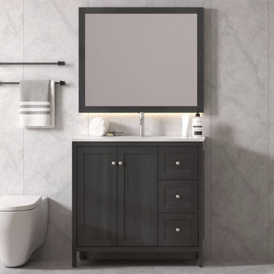 Meuble-lavabo moderne de 35,5 po avec vasque en résine SMC - Finition noire Munich, porte à fermeture douce et 3 tiroirs, armoire de rangement en contreplaqué pour salle de bain, conception compacte