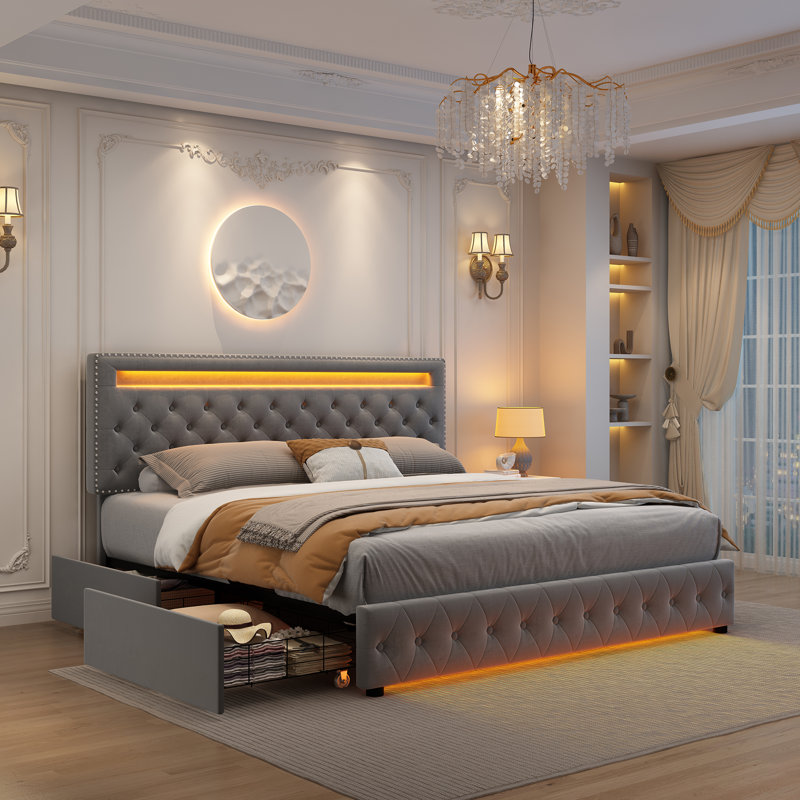Meliz Modern Upholstered Bed Frame with 4 Bedside Drawers & Smart RGBW LED Lights, No Box Spring Needed, Easy Assembly,, Full