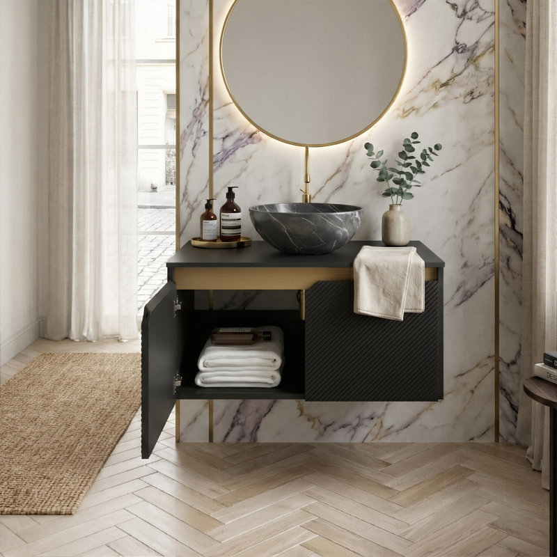 Ensemble de meuble-lavabo mural 30 po, fabrication en contreplaqué, plateau en pierre frittée, lavabo vasque en céramique et rangement à fermeture en douceur (noir)