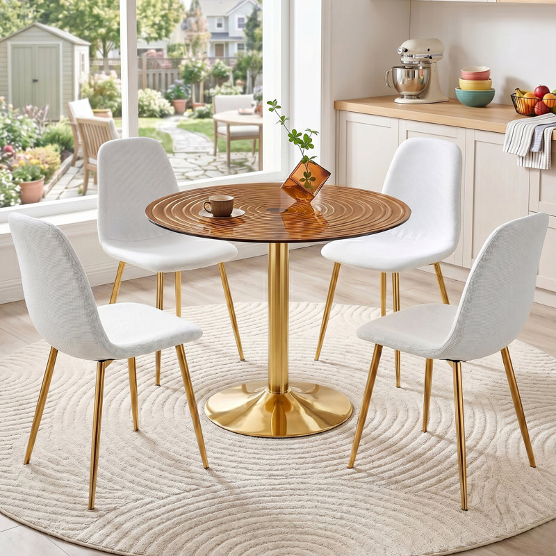 5 - Piece Modern Glam Dining Set With 35" Round Tawny Ripple Glass Table And 4 White Textured Fabric Chairs, Gold Tulip Pedestal Base