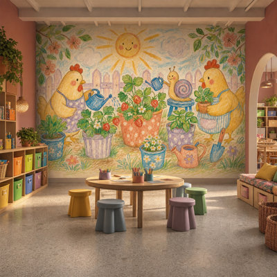 Bright Garden Wallpaper Strawberry Plants Chickens Wall Mural