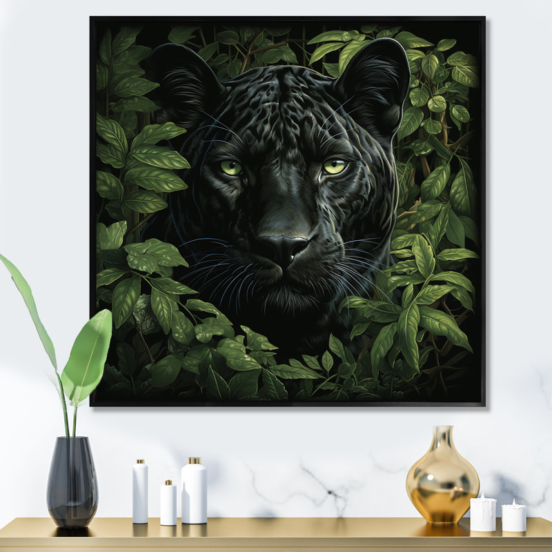 Feuillage jalonnant Panther - art mural panthère, Cadre flottant noir, H 16 po x l 16 po x P 1 po