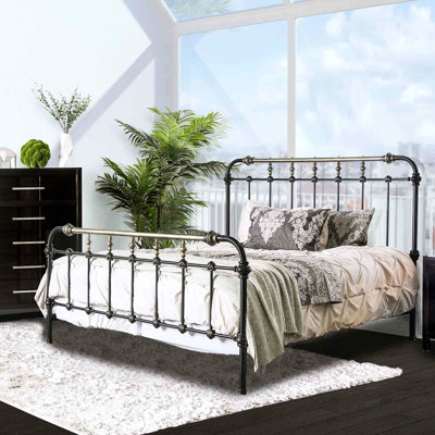 Full Size Bed Frame In Antique Black, Transitional Style, Powder Coated Metal, Hand - Brushed Gold Accents, 7 Spindles For Bedroom Use