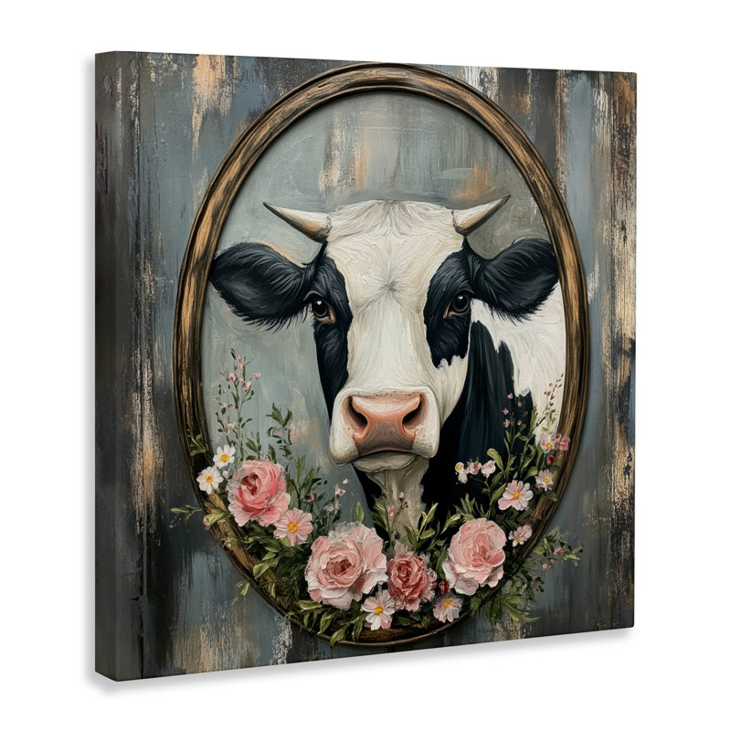 Toile classique avec guirlande de vaches et de roses, design par Petal Prints Design, H 17 po x l 17 po