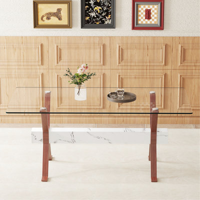 Table de salle à manger en verre trempé transparent de 71 po x 35,4 po avec pieds en métal en forme de X, barres transversales blanches, couleur noyer transparent pratique et élégante pour les repas