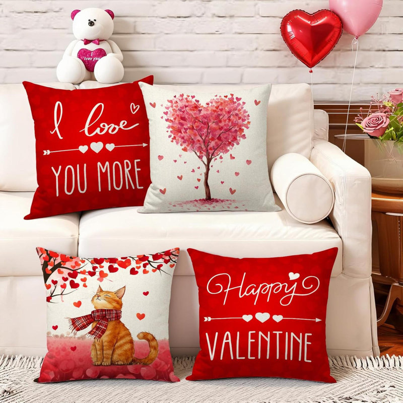 Coussins décoratifs Happy Valentines Day, ensemble de 4 housses pour coussins décoratifs pour la Saint-Valentin Love You More Valentines