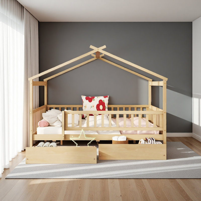 Full Size Wooden House Bed With Two Drawers, Natural