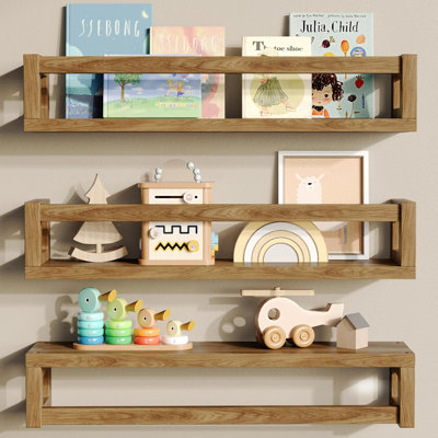 Wall solid wood suspended shelf, durable walnut wall mounted bookshelf, spacious display space, can hold books, photos, bedroom, living room 3 pieces