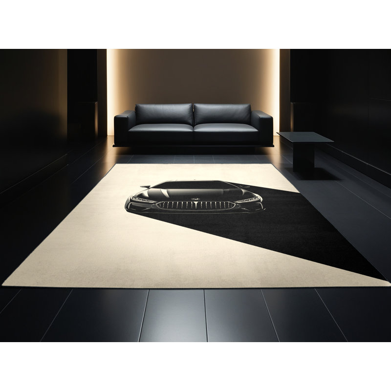 Machine Washable Vehicles And Transportation Luxury Sedan Posh & Luxe Rug in Beige – Black Binding, 7x9