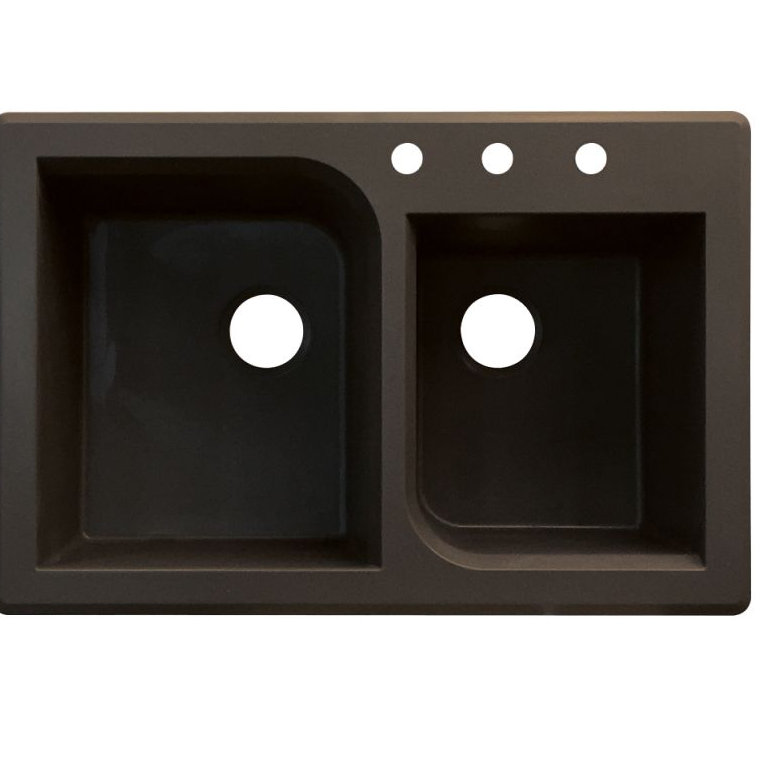Évier de cuisine à double cuve à montage sur plan L 33 po x l 22 po Radius, Espresso, 3 trous