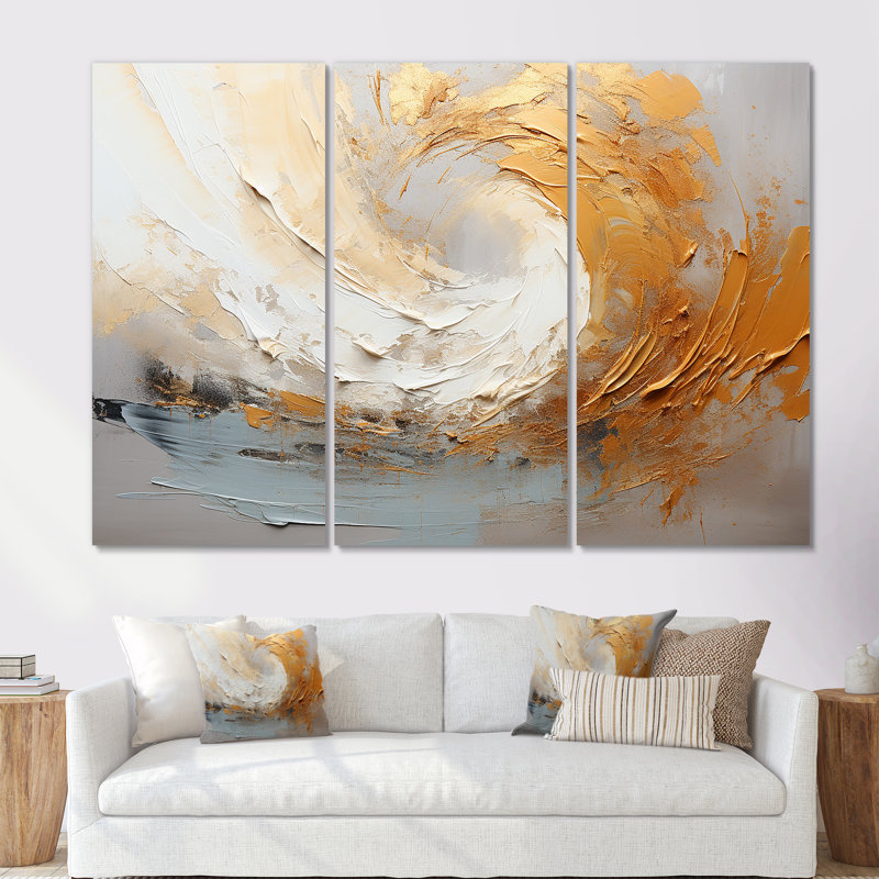 Ensemble de salon art mural doré et beige Soft Wave Paint III, H 28 po x l 36 po x P 1 po, Toile tendue