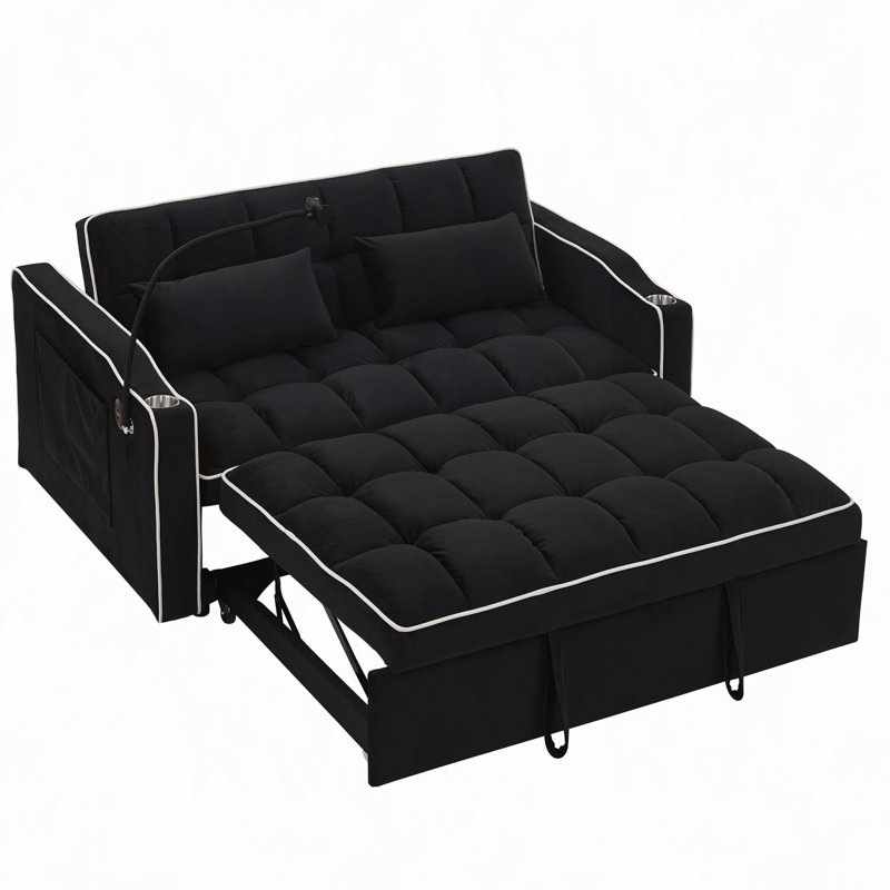 Canapé-lit pliable polyvalent de 55,51 po en 3 longueurs, canapé-lit, canapé-lit en velours, dossier réglable, avec port USB, cendrier et support pour téléphone pivotant