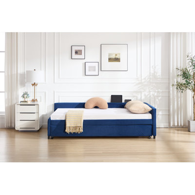 Upholstered Daybed With Trundle,Sturdy Wooden Bed Frame For Guest Room