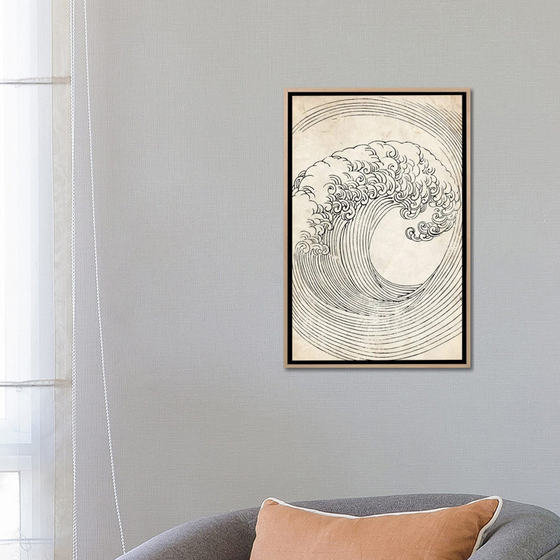 Croquis de vague zen rétro_1PC6, Cadre flottant en bois naturel, H 26 po x l 18 po