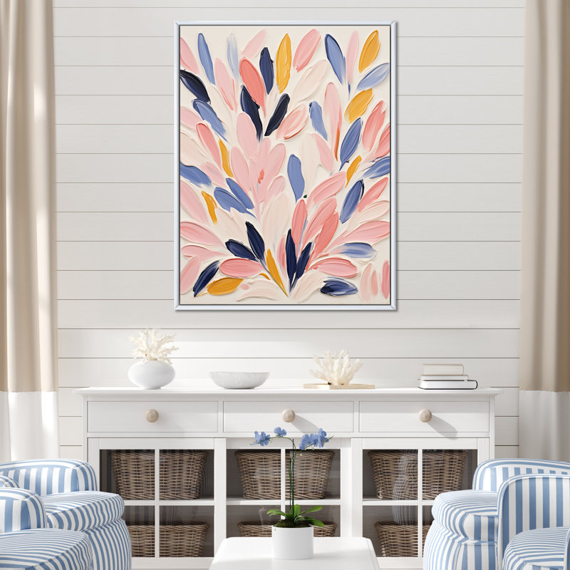 Rose et bleu fond de corail floral - art mural corail, Cadre flottant blanc, H 32 po x l 16 po