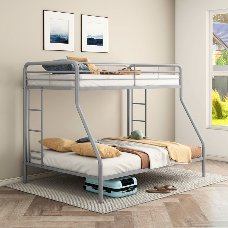 Lit superposé simple au-dessus de double brillant argenté, deux échelles encastrées, support à lattes en métal, barrières de sécurité pour lit de chambre à coucher avec argent, échelles faciles d'accès, lattes, repos