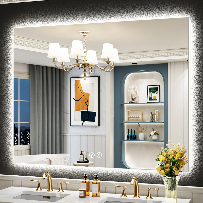Bathroom LED Mirror with Backlit, Anti Fog Lighted Vanity Mirror with Stepless Dimmable, ETL Listed, IP54 Waterproof, CRI90+, HD Tempered Glass