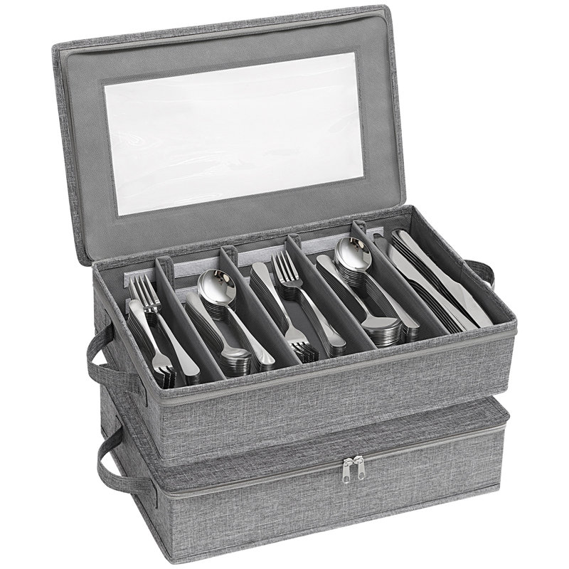 Fabric Sliverware Storage Box With Lid, Gray, 2 Pcs